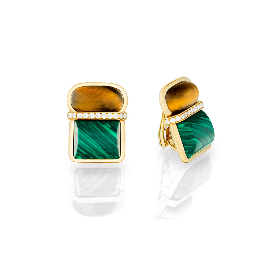 Amrita Square Earrings in Tiger's Eyes and Malachite