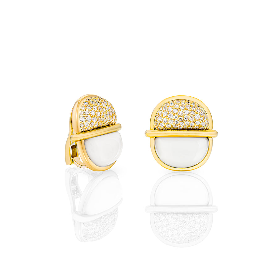 Amrita Round Earrings in White Ceramic and Diamonds