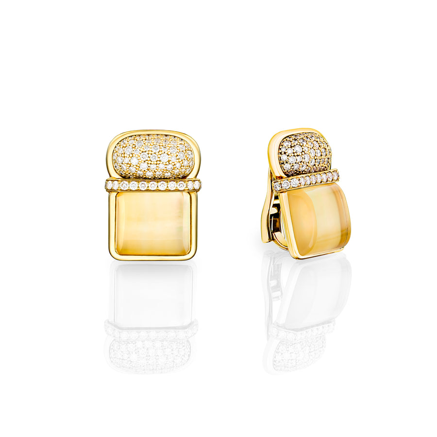 Amrita Square Duplet Earrings in Yellow Mother of Pearl, Citrine, and Diamonds