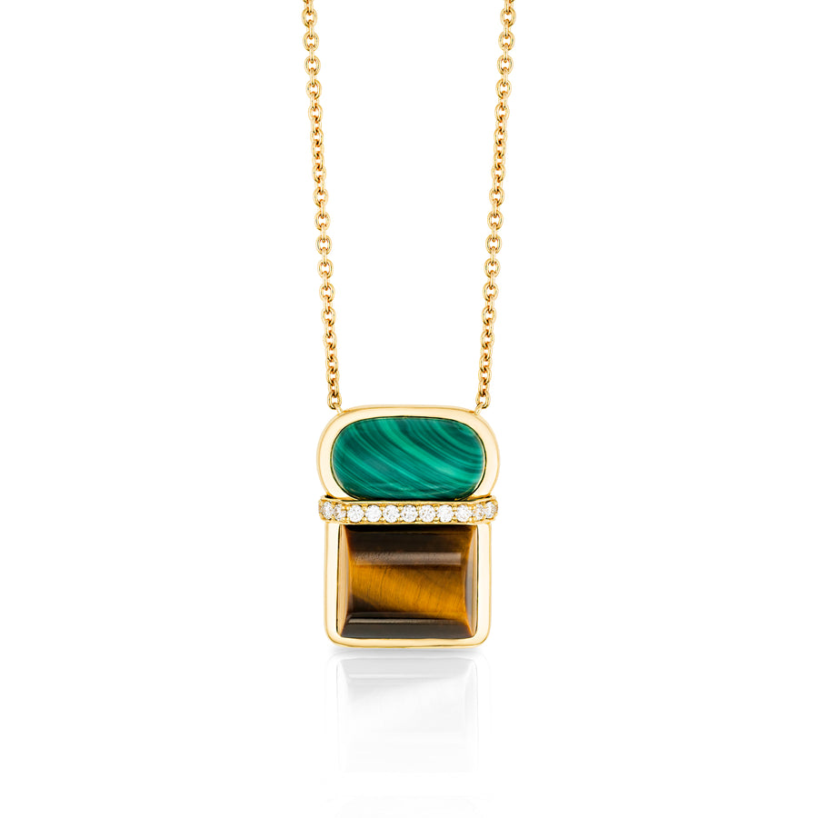 Amrita Square Necklace in Malachite and Tiger's Eyes