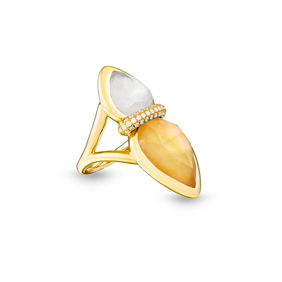 Amrita Lotus Duplet Ring in Mother of Pearl, Citrine and White Quartz