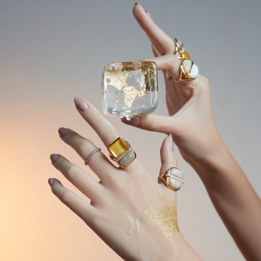 Amrita Square Duplet Ring in Yellow Mother of Pearl, Citrine, and Diamonds