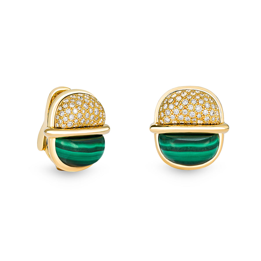 Amrita Small Round Earrings in Malachite and Diamonds