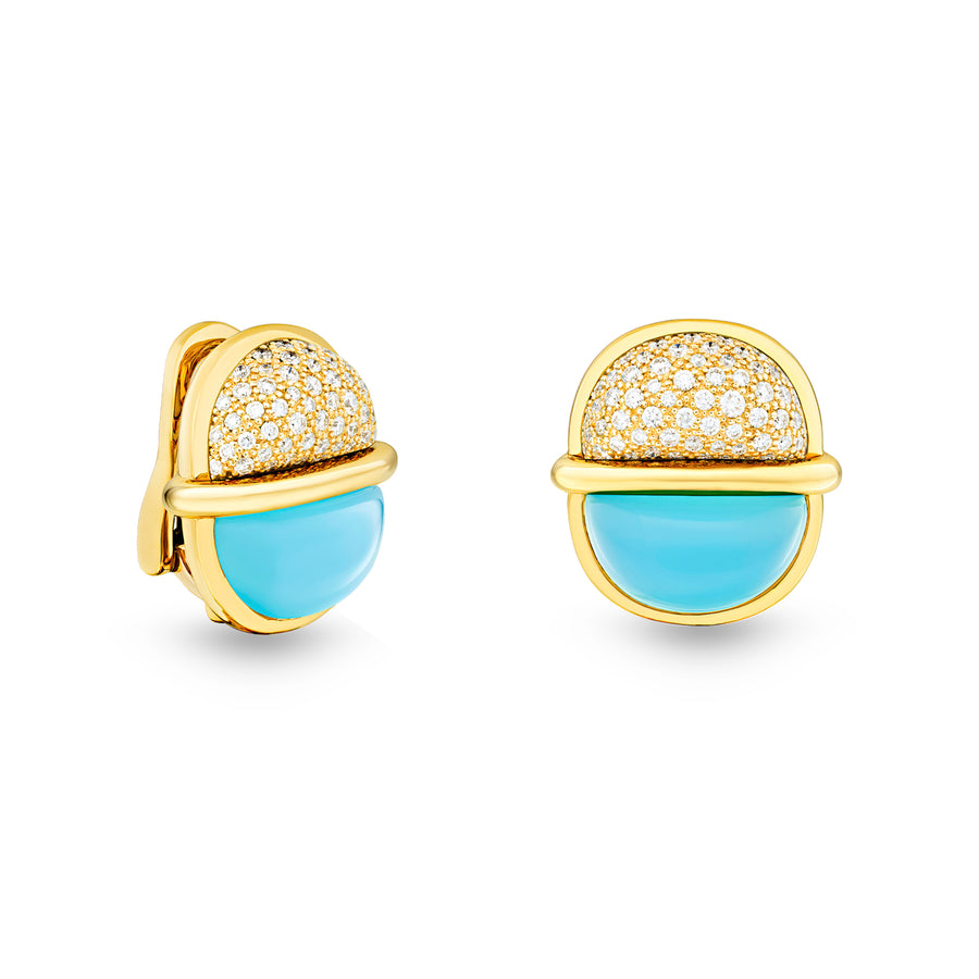 Amrita Small Round Earrings in Sea Blue Chalcedony and Diamonds