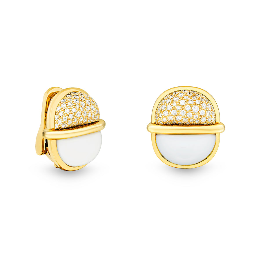 Amrita Small Round Earrings in White Ceramic and Diamonds