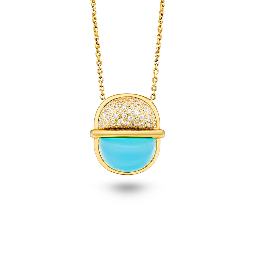 Amrita Small Round Necklace in Sea Blue Chalcedony and Diamonds