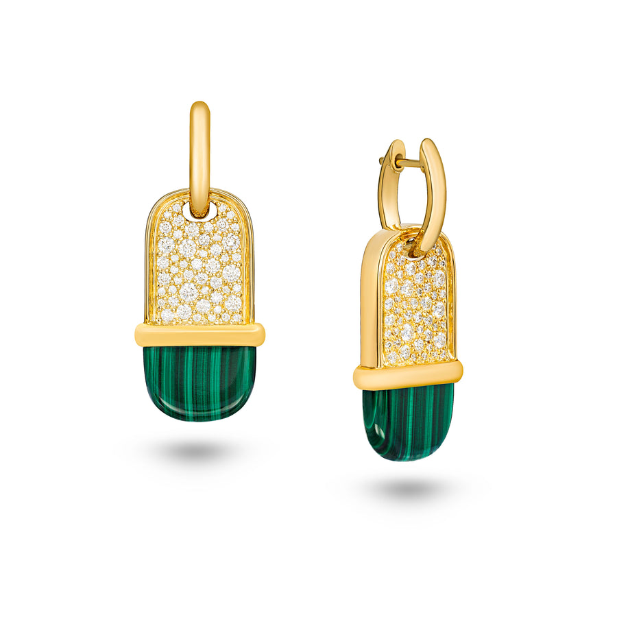 Amrita Small Tag Earrings in Malachite and Diamonds