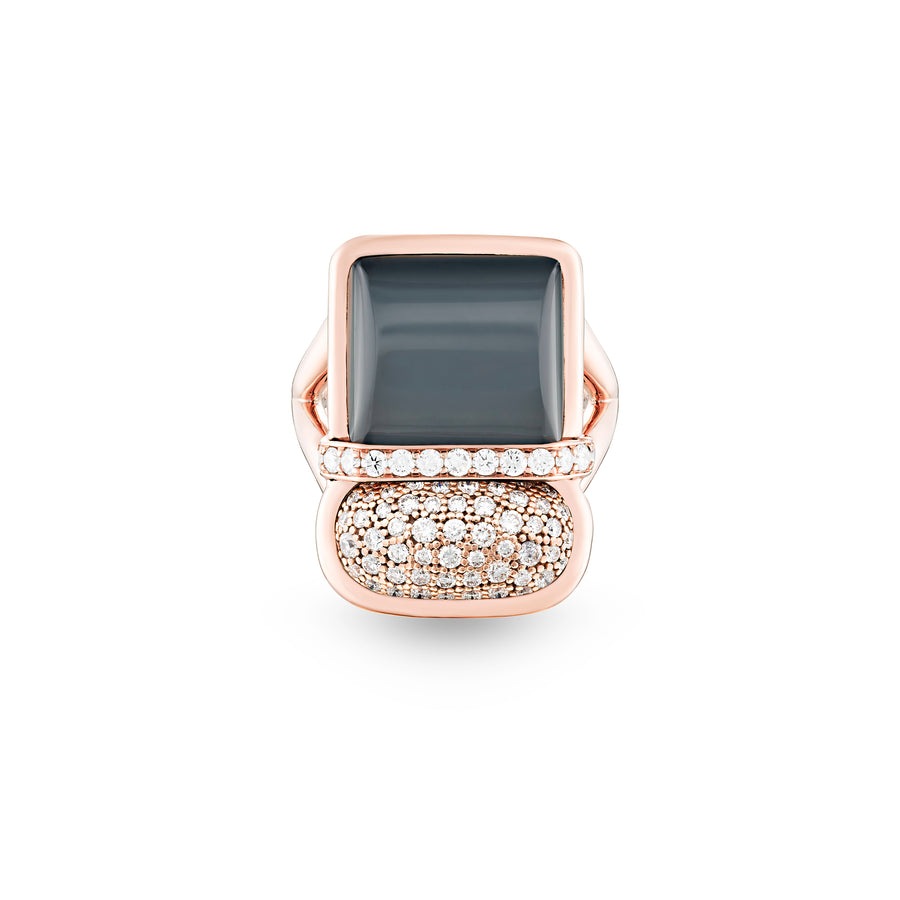 Amrita Square Duplet Ring in Hematite, Milky Quartz and Diamonds