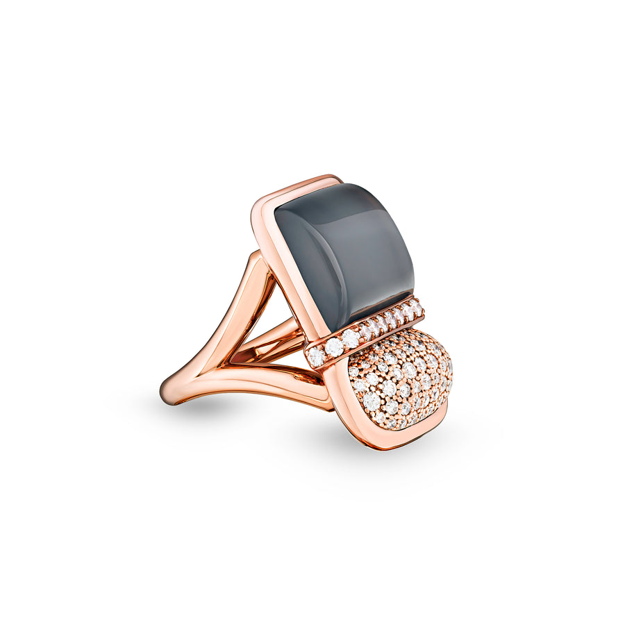 Amrita Square Duplet Ring in Hematite, Milky Quartz and Diamonds