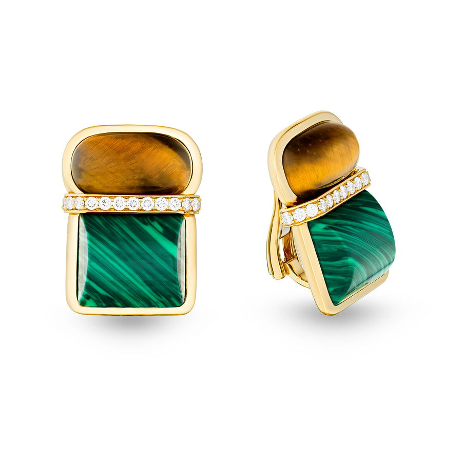 Amrita Square Earrings in Tiger's Eyes and Malachite