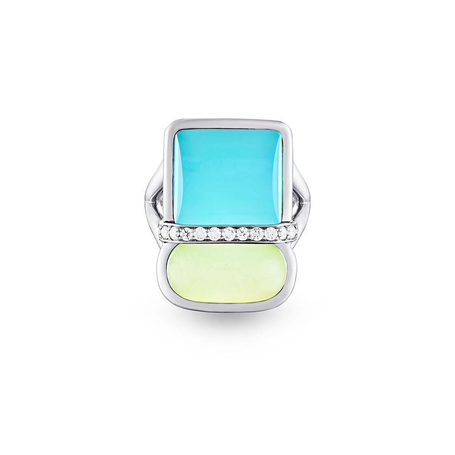 Amrita Square Ring in Sea Blue Chalcedony and Phenite