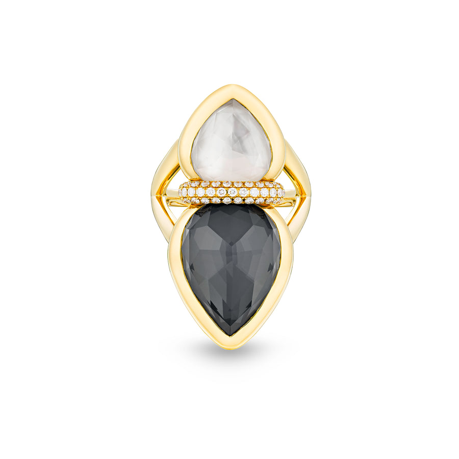 Amrita Lotus Duplet Ring in Mother of Pearl, White and Milky Quartz