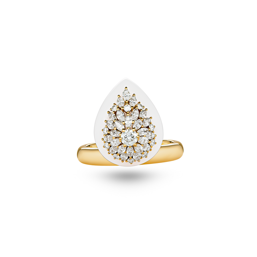 Double Daisy Pear-shape White Ceramic Ring with Diamonds