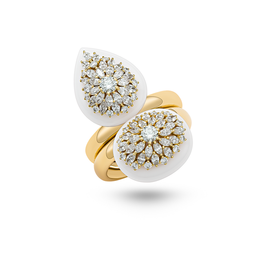 Double Oval White Ceramic Ring with Diamonds