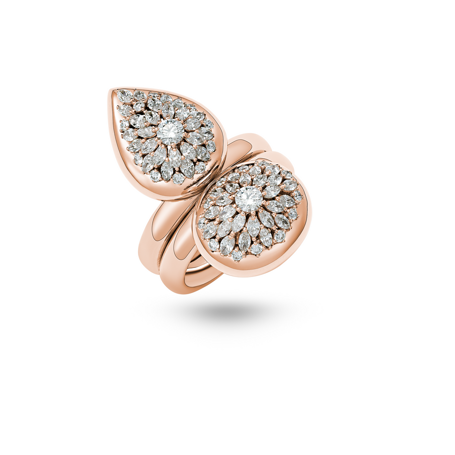 Double Daisy Pear-shape Pink Gold Ring with Diamonds