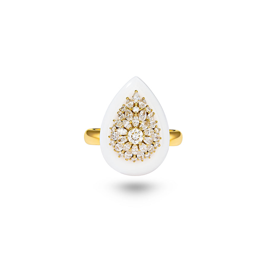 Daisy Pear-shape White Ceramic Ring with Diamonds