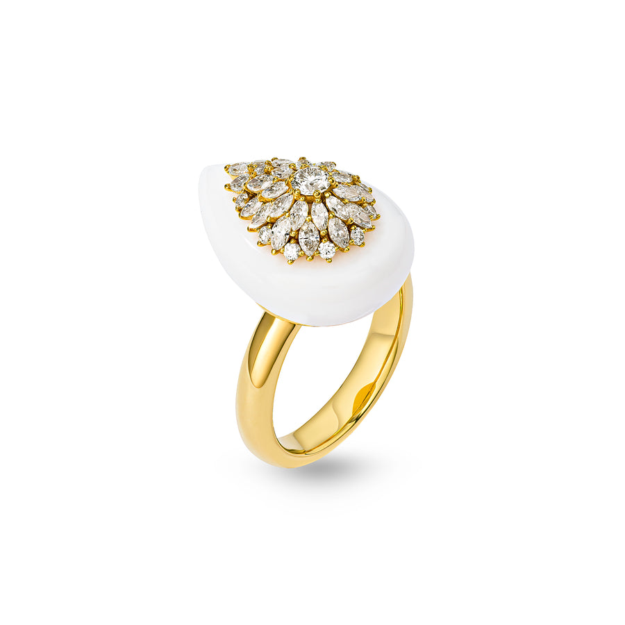 Daisy Pear-shape White Ceramic Ring with Diamonds