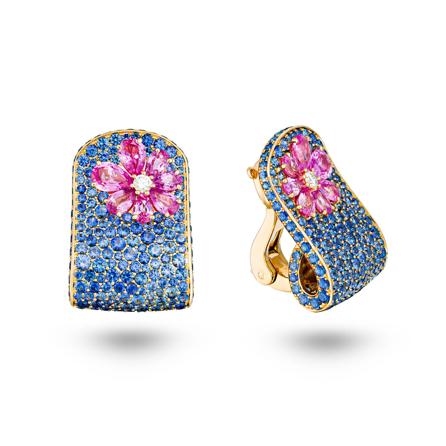 Eden Blue Sapphire Earrings with Pink Sapphire and Diamond Flower