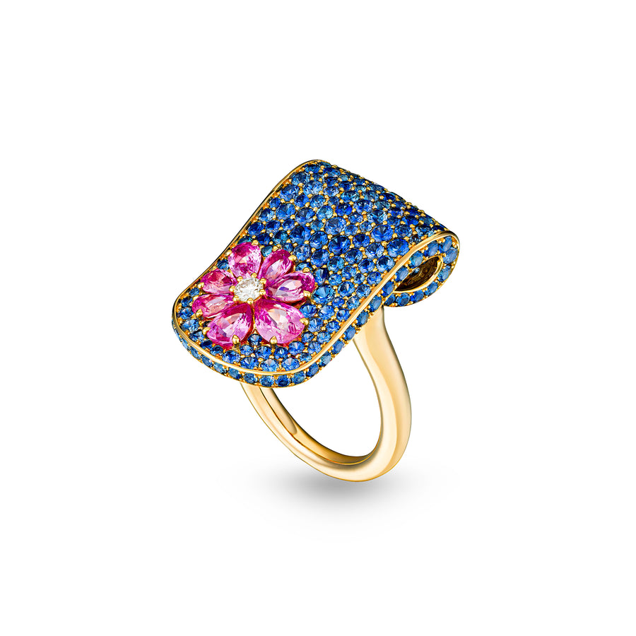 Eden Blue Sapphire Ring with Pink Sapphire and Diamond Flower