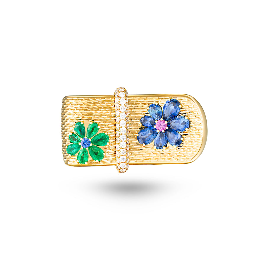 Eden Flinking Ring with Emerald, Blue and Pink Sapphire Flower