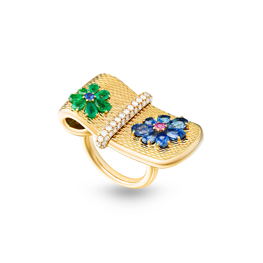 Eden Flinking Ring with Emerald, Blue and Pink Sapphire Flower