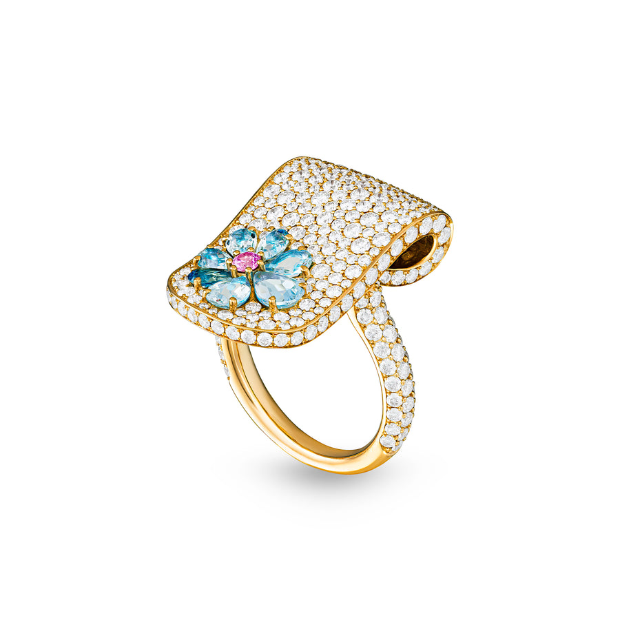 Eden Diamond Ring with Aquamarine and Pink Sapphire Flower