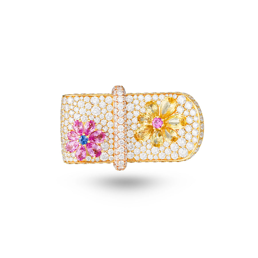 Large Eden Diamond Ring with Pink, Yellow and Blue Sapphire Flower