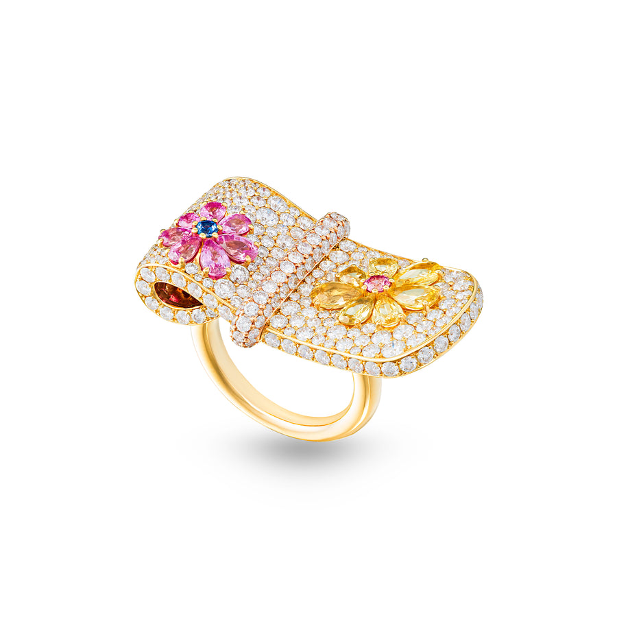 Large Eden Diamond Ring with Pink, Yellow and Blue Sapphire Flower