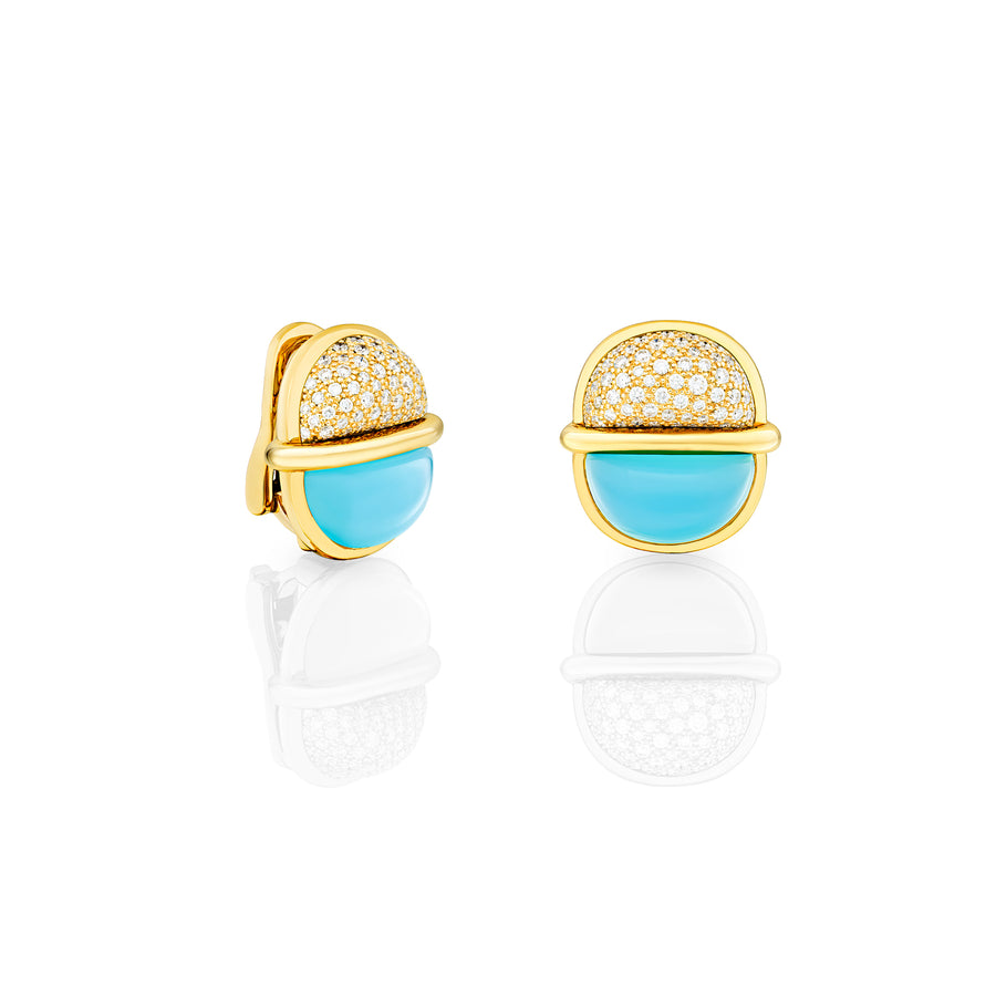 Amrita Small Round Earrings in Sea Blue Chalcedony and Diamonds