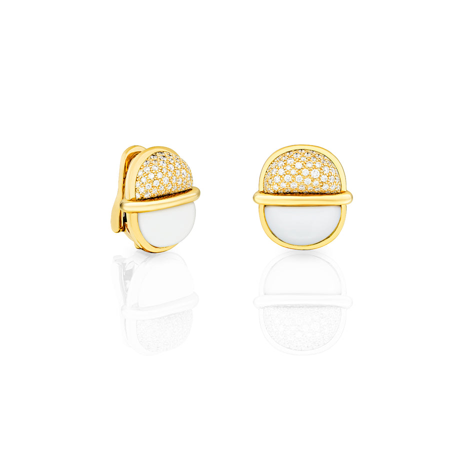 Amrita Small Round Earrings in White Ceramic and Diamonds