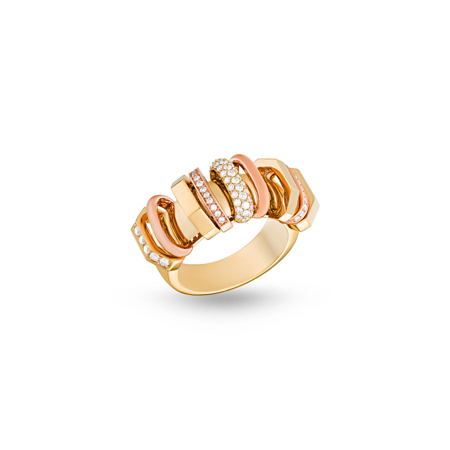 Small Akasha Ring with Gold Band and Half Diamond Links