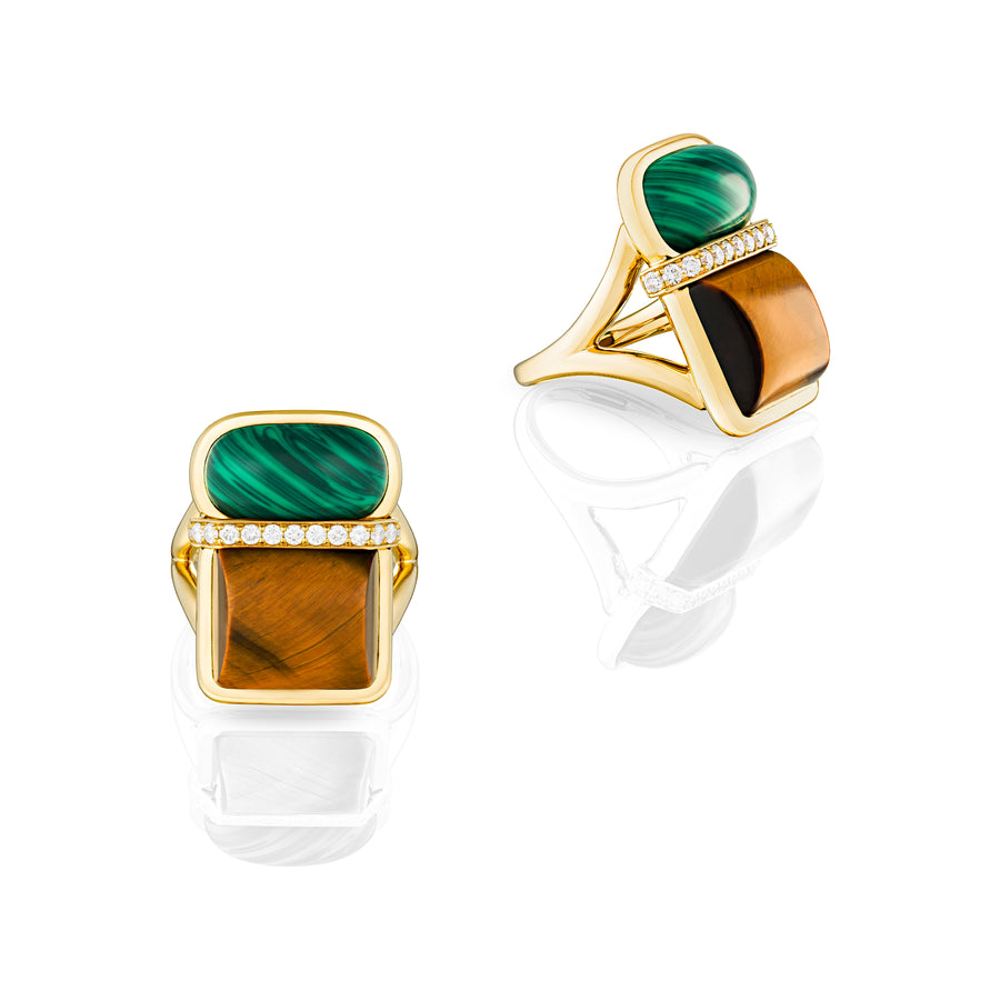 Amrita Square Ring in Malachite and Tiger's Eyes