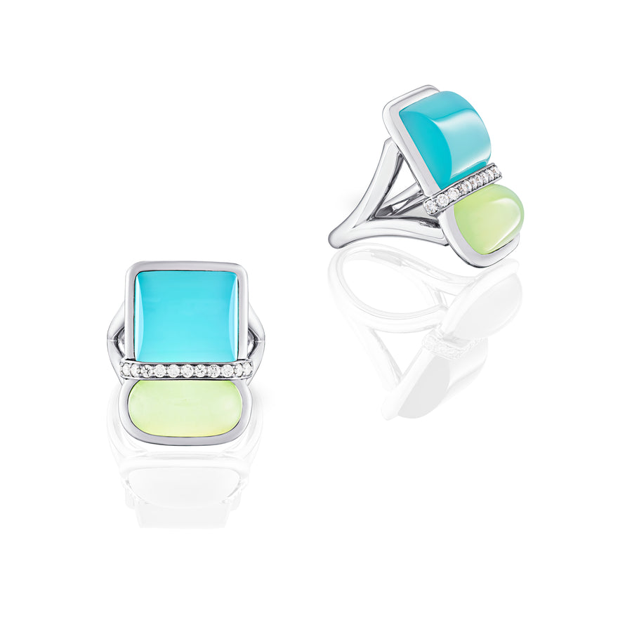 Amrita Square Ring in Sea Blue Chalcedony and Phenite