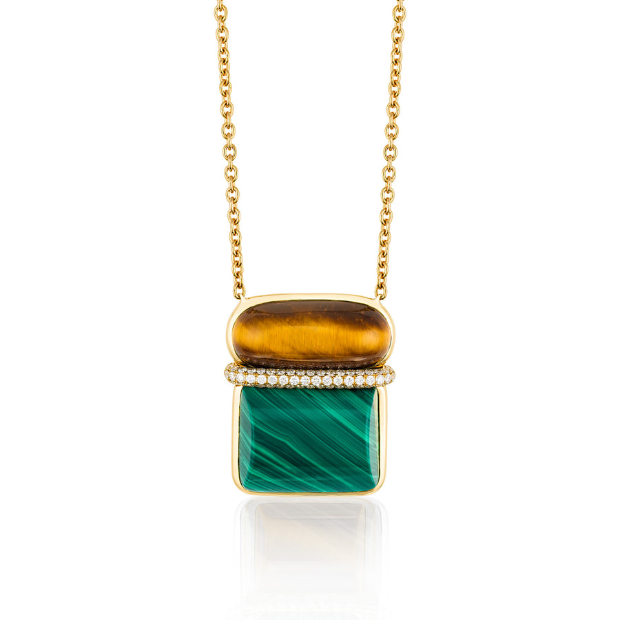Amrita Large Square Necklace in Tiger's Eyes and Malachite