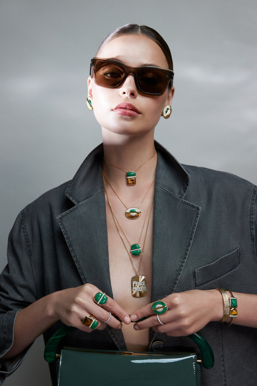 As Above So Below Necklace in Malachite, Tiger's Eyes and Diamonds