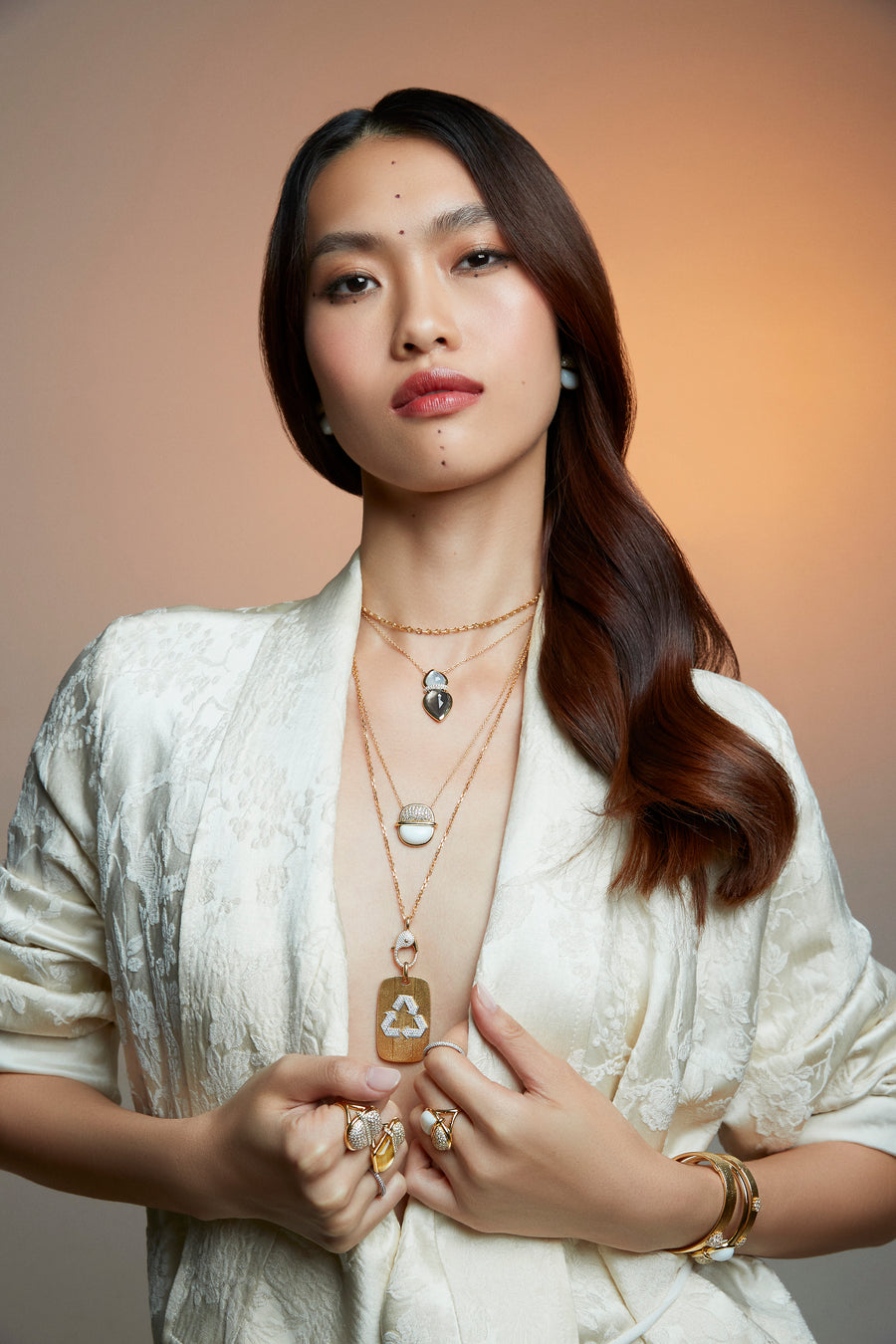 Amrita Lotus Duplet Necklace in Mother of Pearl, White and Smokey Quartz